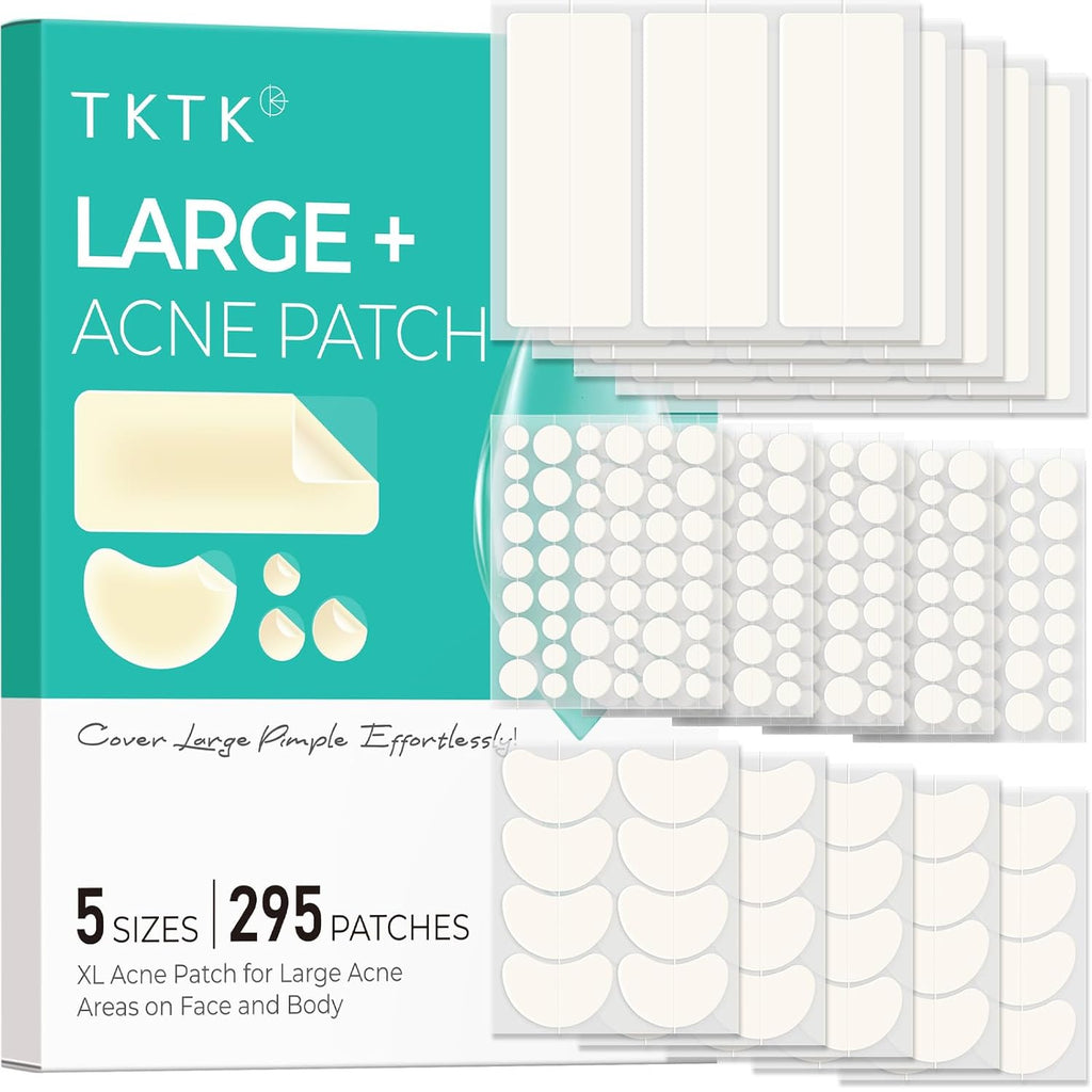 TKTK Large Pimple Patches for Face, 68 x 27 mm XL Hydrocolloid Bandages, Big Acne Patches for Body, Forehead, Chin, Nose, Chest and Back Blemish Zit Breakouts (Strip, Contoured, Dot 5 Sizes 136 Count)