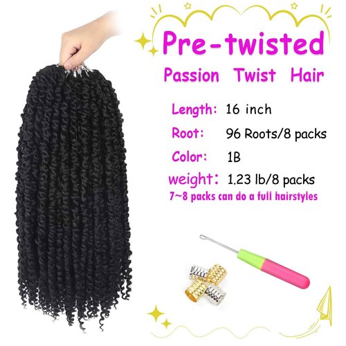 Bileaf Passion Twist Crochet Hair Pre-twisted 16 Inch 8 Packs Crochet Passion Twist Hair, Soft Pre Looped Passion Twist Crochet Braids Bohemian Crochet Hair for Women Girls and Kids 1B