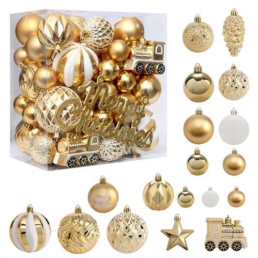 65 PCS Christmas Balls Ornaments Set, Shatterproof Plastic Decorative Baubles Includes Stars & Train for Xmas Tree Decor Holiday Party Decoration, Gold & White