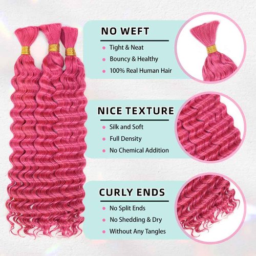 16 Inch Deep Wave Human Braiding Hair for Boho Braids – 50g 1 Bundles/Pack Pink 100% Unprocessed 12A Brazilian Virgin Human Hair Bulk, No Weft, Wet & Wavy Curly Extensions