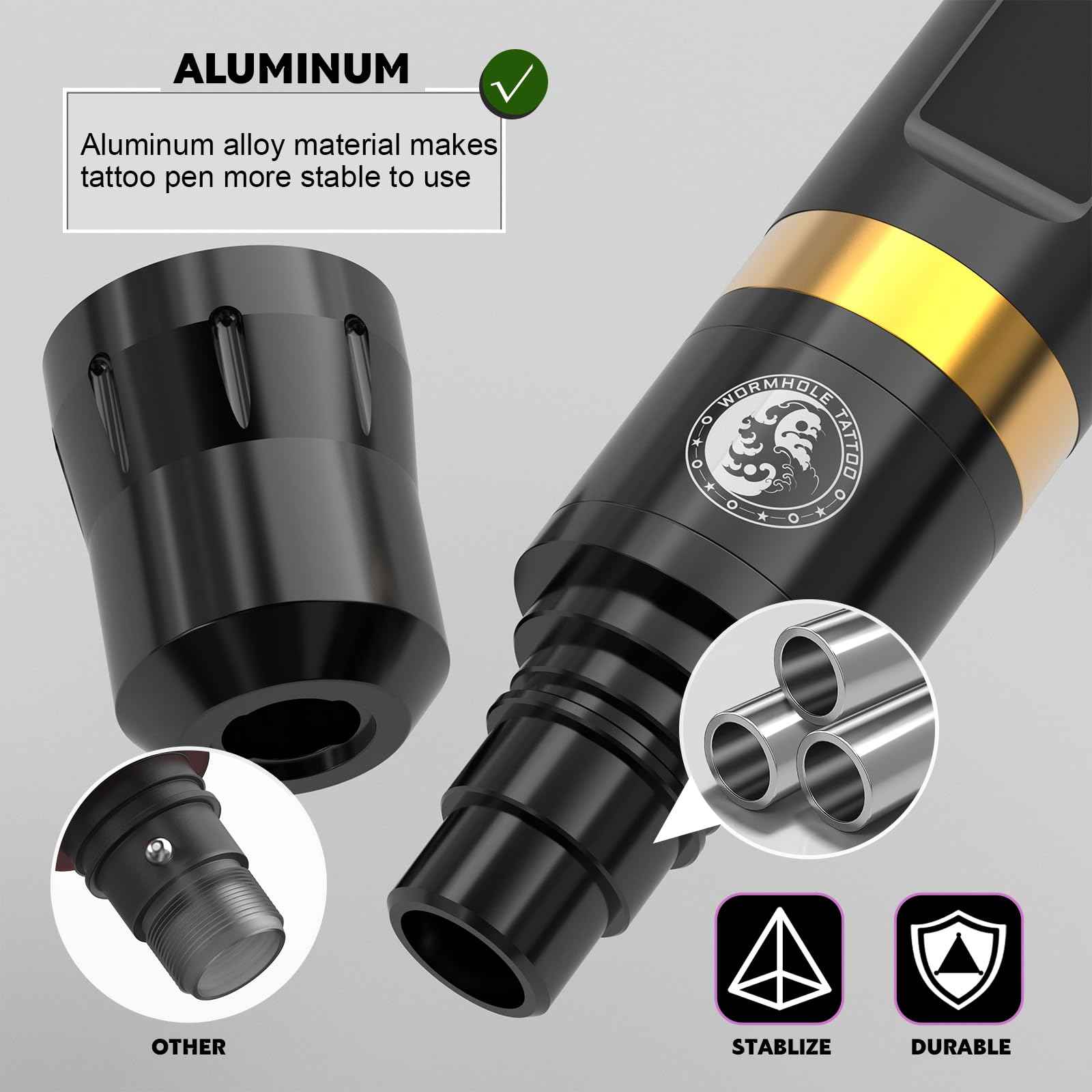 Wormhole Tattoo 58Pcs Complete Tattoo Gun Kit - Aluminum Alloy LED Smart Tattoo Pen Wireless Tattoo Machine with 1800mAh Battery for Tattoo Beginners - Black WTK313