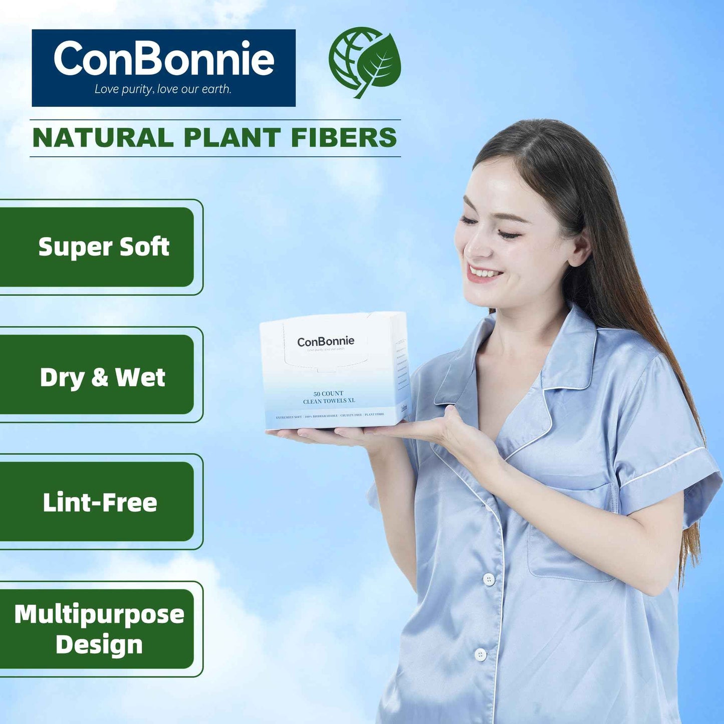 Conbonnie Clean Face Towels XL, Ultra Ed., 10"×12" Biobased Facial Towels, Disposable Face Towelette, Makeup Remover Dry Wipes, Thicker Textured for Skin Care, Clean Skin, 200 Count (4 Pack)