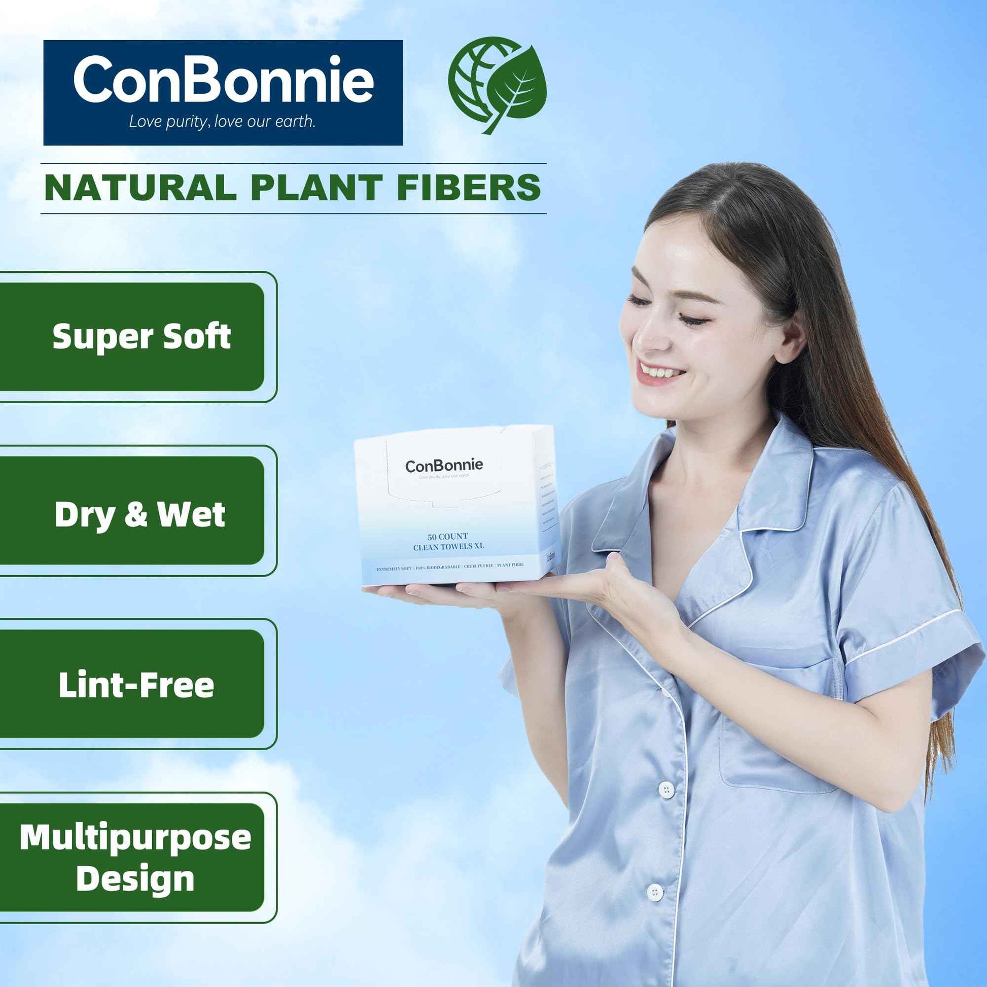 Conbonnie Clean Face Towels XL, Ultra Ed., 10"×12" Biobased Facial Towels, Disposable Face Towelette, Makeup Remover Dry Wipes, Thicker Textured for Skin Care, Clean Skin, 200 Count (4 Pack)