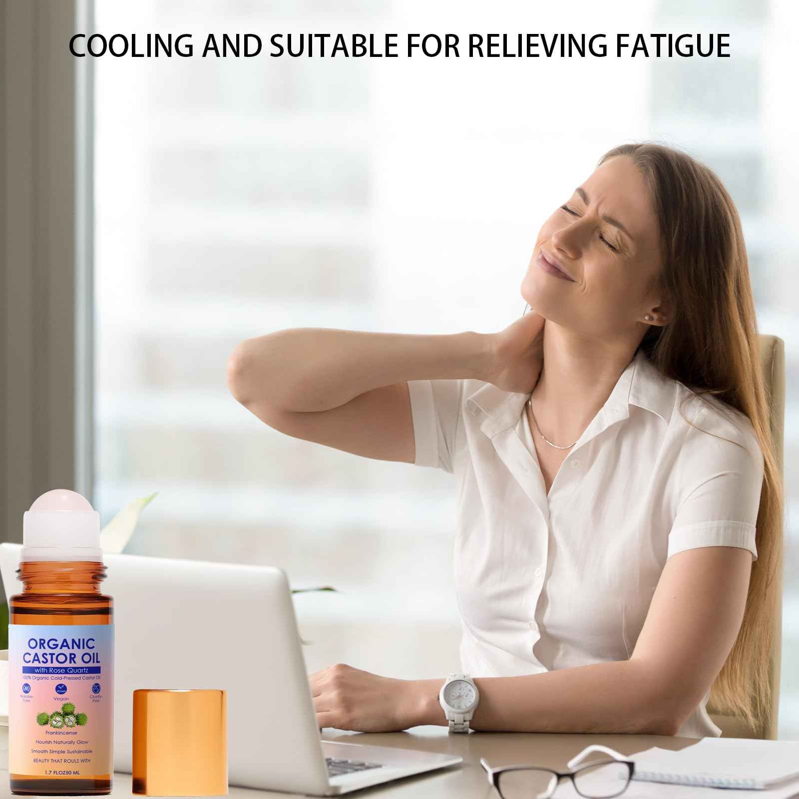 SDXJIOGE Organic Castor Oil with Rose Quartz Roller, 100% Pure Cold-Pressed, Organic Castor Oil Roll On Rose Quartz, Hexane-Free,Amber Glass Bottle for Skin 1.7oz (1)