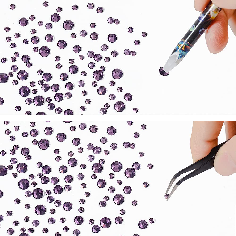 6Grids 3000Pcs Clear Flatback Rhinestones, Lotus Purple Nail Gems Crystals Jewels, Craft Glass Diamonds Stones Bling Rhinestone with Tweezers and Picking Pen For Nail Face Makeup(1.8mm~4mm Crystal)