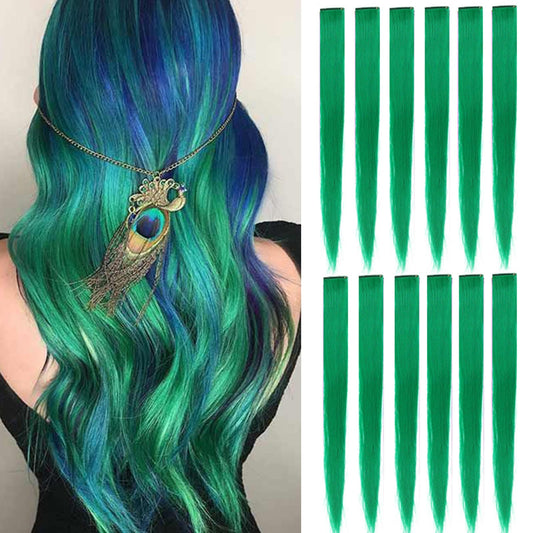 eastsecret 12 Pcs Colored Hair Extensions Party Highlights Colorful Clip in Hair Extensions 20 Inch Long Straight Synthetic Hairpieces for Women Kids Girls Halloween Christmas Cosplay Green