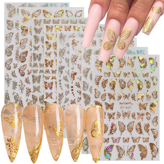 8 Sheets Butterfly Nail Art Stickers Gold Nail Decals,3D Luxury Nail Art Supplies Butterflies Gold Silver Nail Decoration for Designer Nail Stickers for Women DIY Acrylic Nails Decorations Accessories