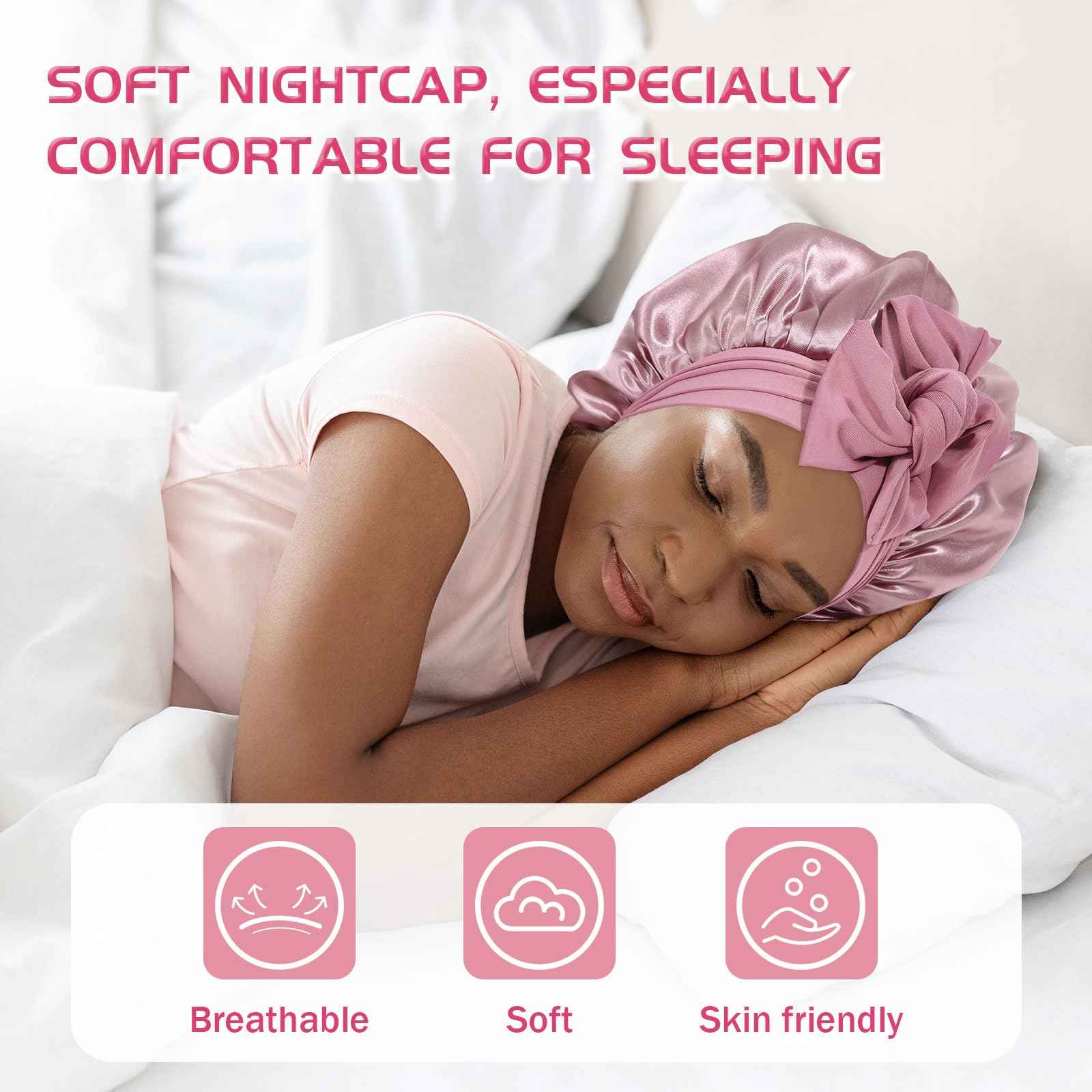 Long Satin Braid Bonnet for Women Silk Bonnet for Sleeping Sleep Cap with Elastic Tie Band Night Cap for Long Curly Hair Give Away Scrunchie(Bean Paste)