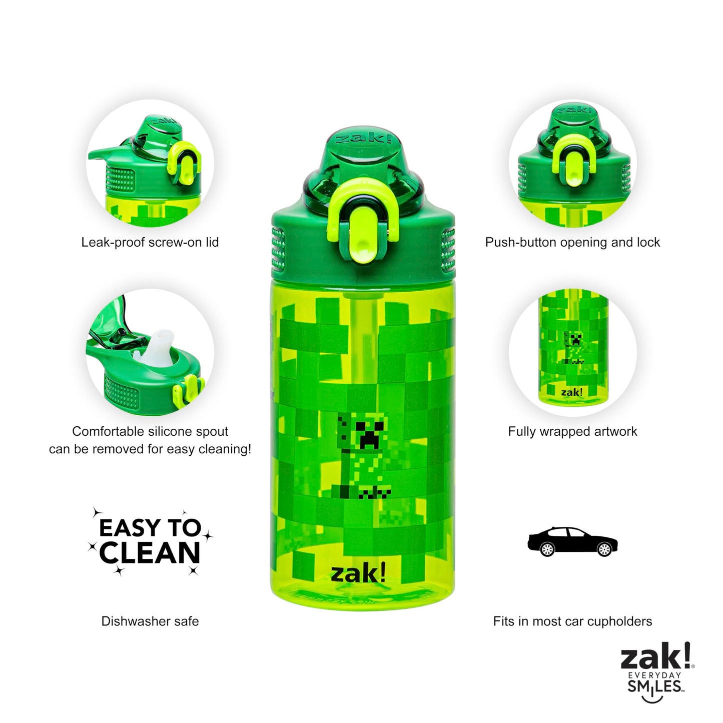 Zak Designs Sage Minecraft Kids Water Bottle For School or Travel, 16oz Durable Plastic Water Bottle With Straw, Handle, and Leak-Proof, Pop-Up Spout Cover (Creeper)