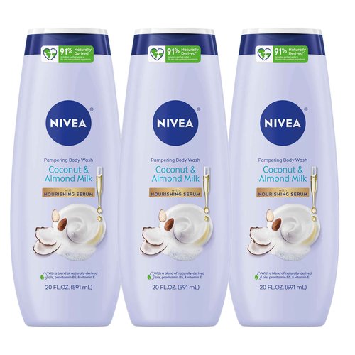 NIVEA Pampering Coconut and Almond Milk Body Wash with Nourishing Serum, Moisturizing Body Wash for Women, Enriched with Provitamin B5 and Vitamin E, 20 Fl Oz Bottle, Pack of 3