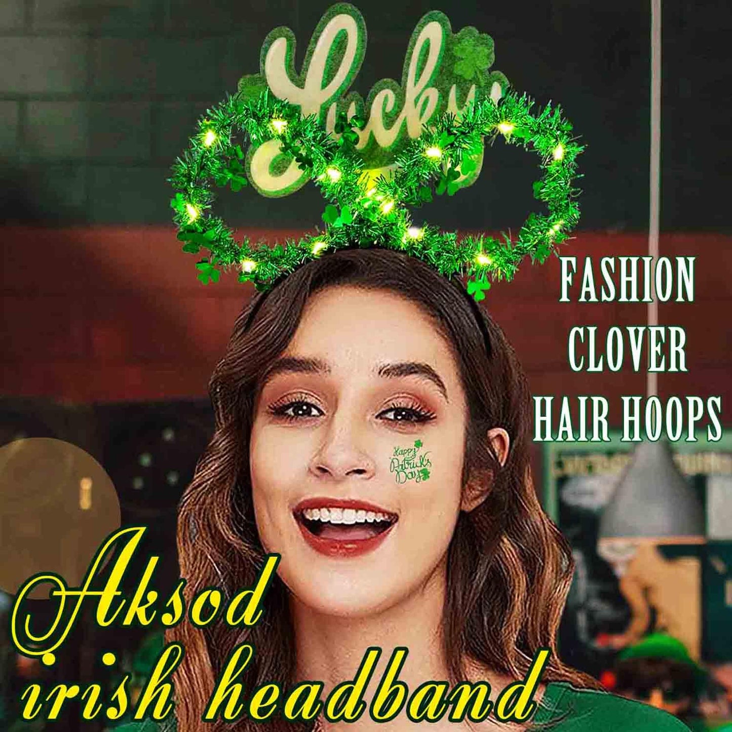 Aksod Light Up St Patricks Day Headband Green Shamrock Headpiece Glitter Lucky Clover Hair Accessories for Women (Style D)