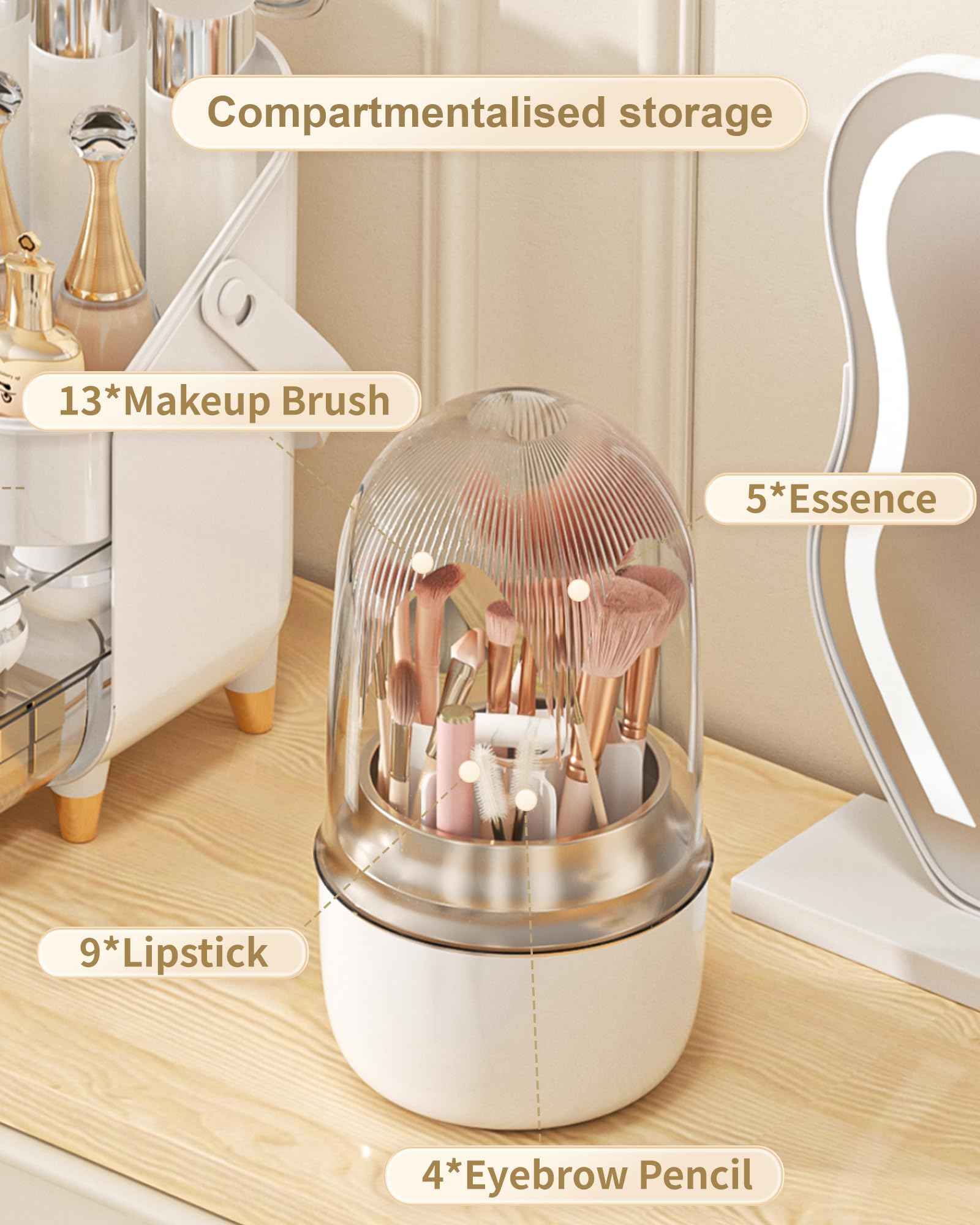 Anylady Makeup Brush Holder for Vanity - 360 Rotating Makeup Brush Organizer (Thicken Upgraded), Toothbrush Holder with Cover, Cosmetic Organizer (White)