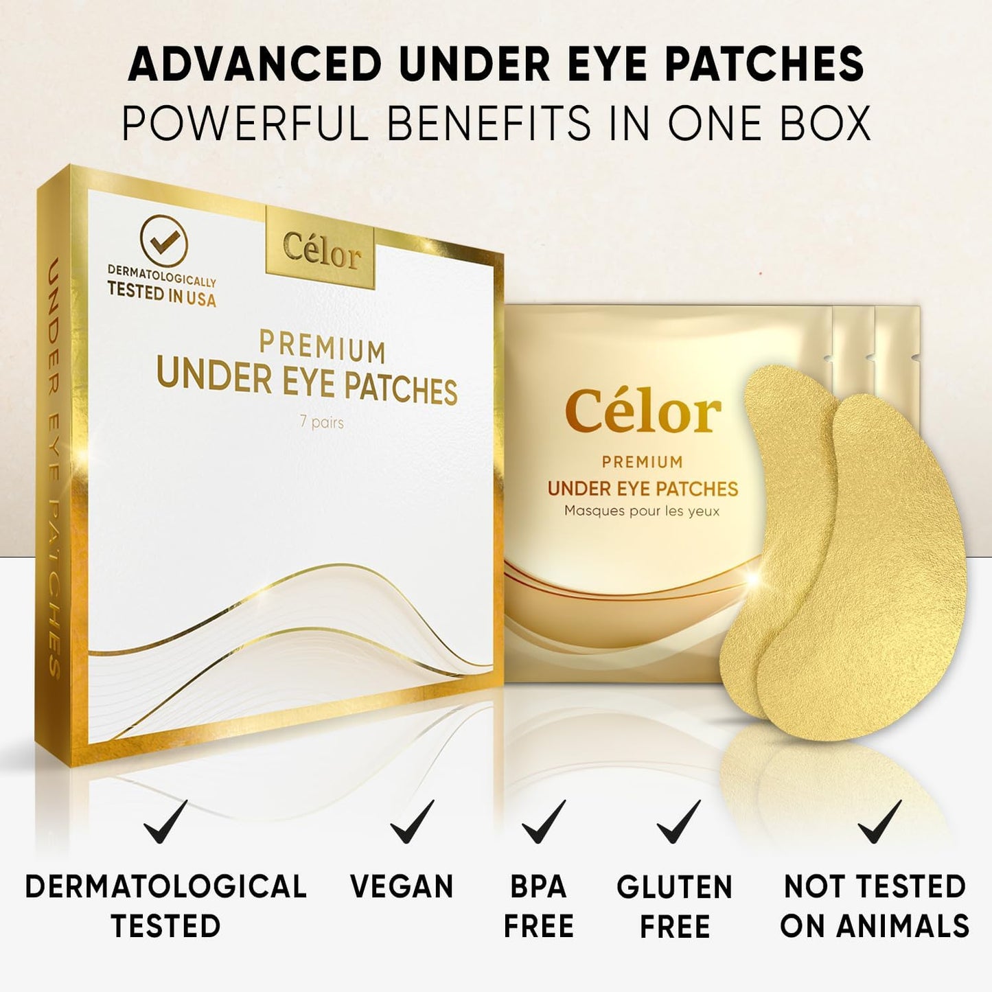 CÉLOR Under Eye Patches Premium - Golden Under Eye Mask Enriched with Hyaluronic Acid, Caffeine, Tea Tree & Collagen, Under Eye Patches for Puffy Eyes, Dark Circles and Puffiness (21 Pairs)