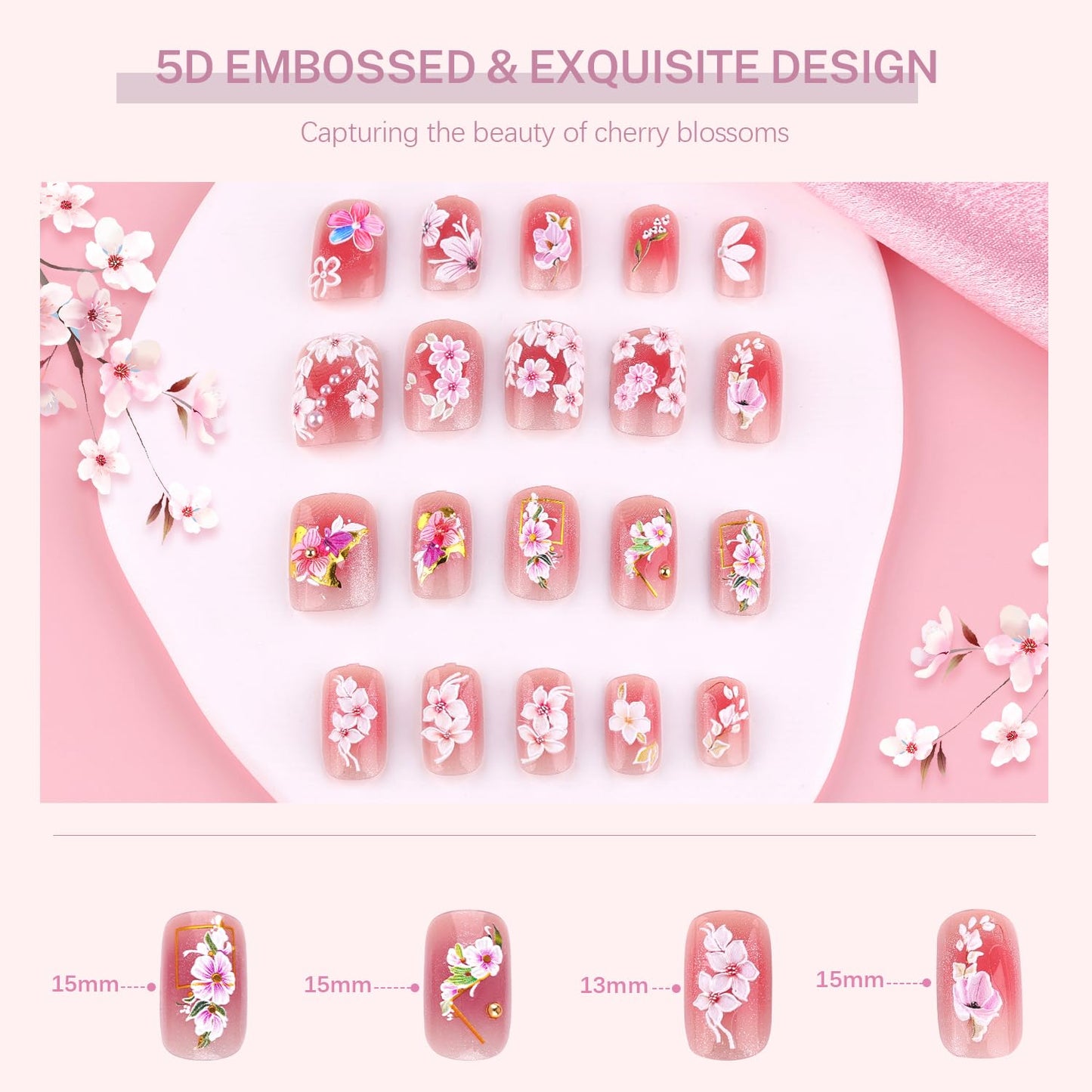 4 Sheets 5D Flower Nail Stickers for Nail Art, Embossed Nail Decals Self Adhesive Nail Art Stickers, Pink White Floral Leaf Cherry Blossom Nail Decorations Accessories for Women Girls Spring Summer