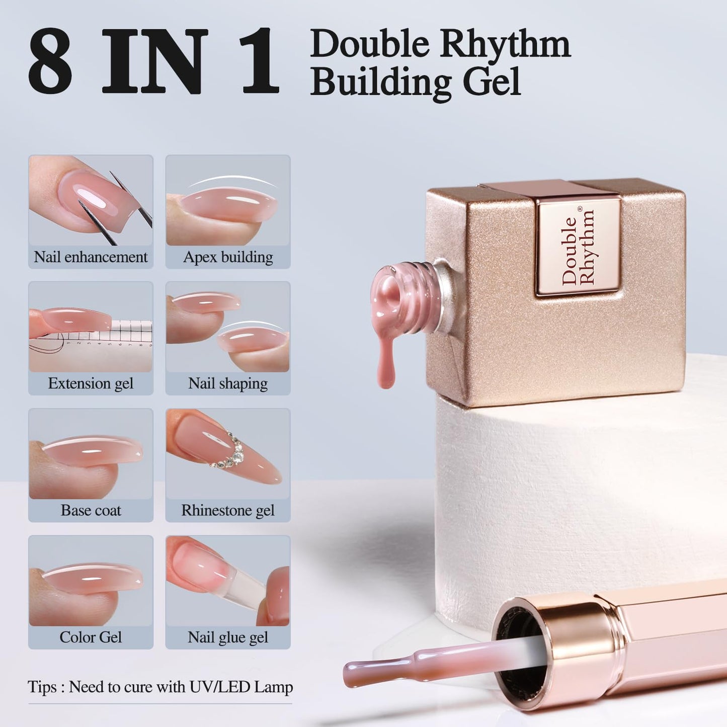 Double Rhythm Clear Gel Nail Polish 15ml Nail Strengthener Builder in a Bottle Nail Extension Hard Gel Soak Off Long Lasting UV Gel (Silk Nude 8 in 1-7)