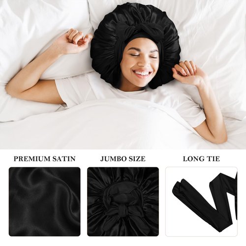 3Pcs Bonnet Silk Bonnet for Sleeping, Extra Large Satin Bonnet for Sleeping Hair Bonnets for Sleeping Black Curly Hair Women Jumbo Bonnet with Tie Band Braids Shower Cap