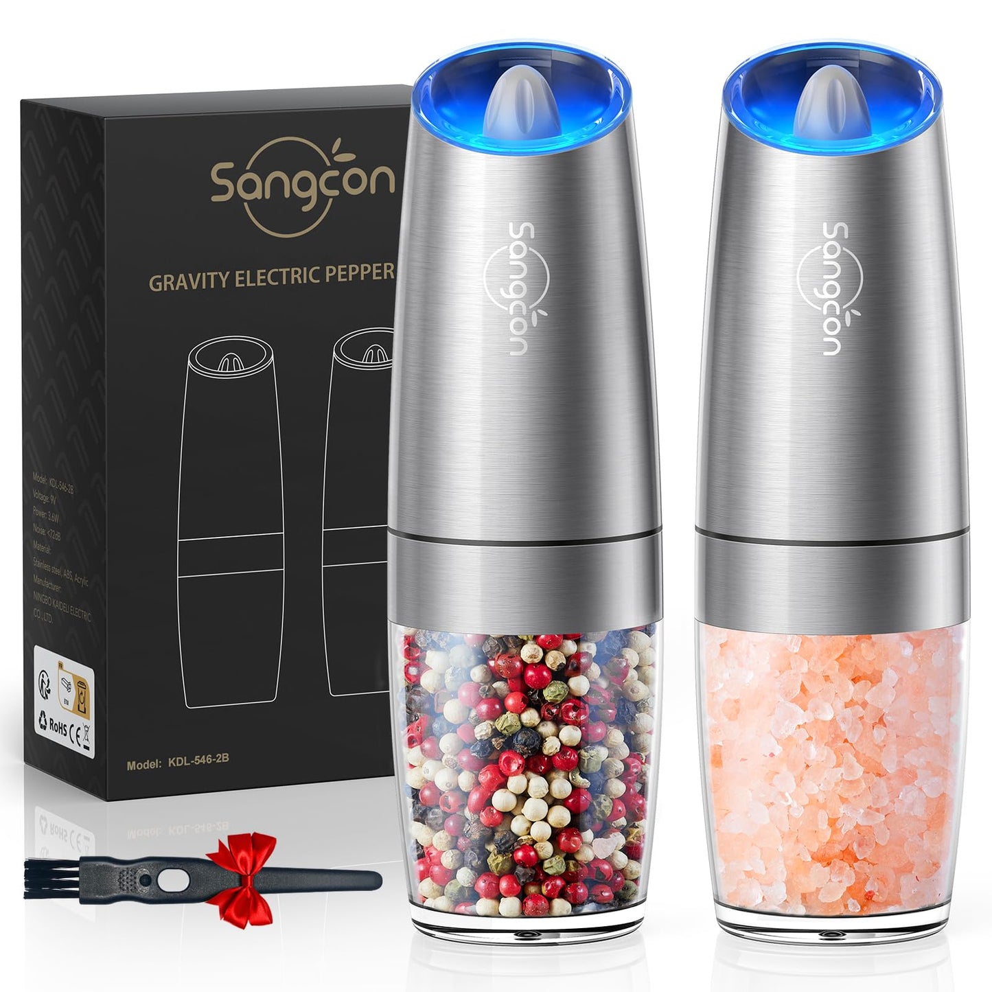 Sangcon Gravity Electric Pepper and Salt Grinder Mill Set Automatic Shakers Grinder with LED Light, Battery Powered Adjustable Coarseness One Hand Operation, Upgraded Larger Capacity