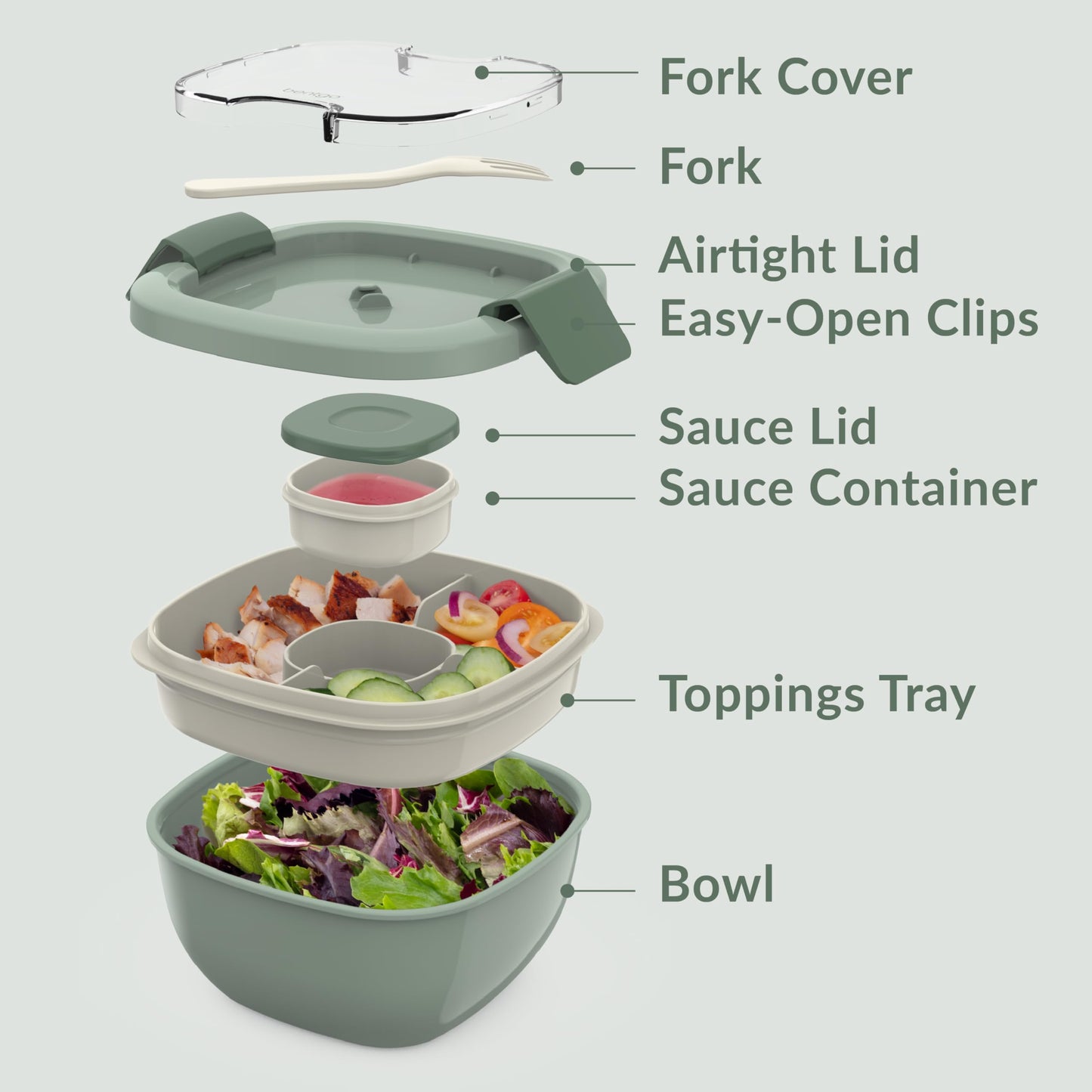 Bentgo All-in-One Salad Container - Large Salad Bowl, Bento Box Tray, Leak-Proof Sauce Container, Airtight Lid, & Fork for Healthy Adult Lunches; BPA-Free & Dishwasher/Microwave Safe (Khaki Green)