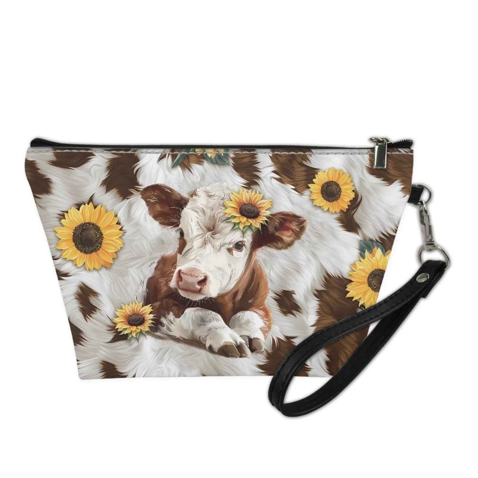 Cozeyat Sunflower Cow Cosmetic Bag for Women Makeup Bag Organizer Small Mini Makeup Pouch for Purse Water Resistant Girls Gift