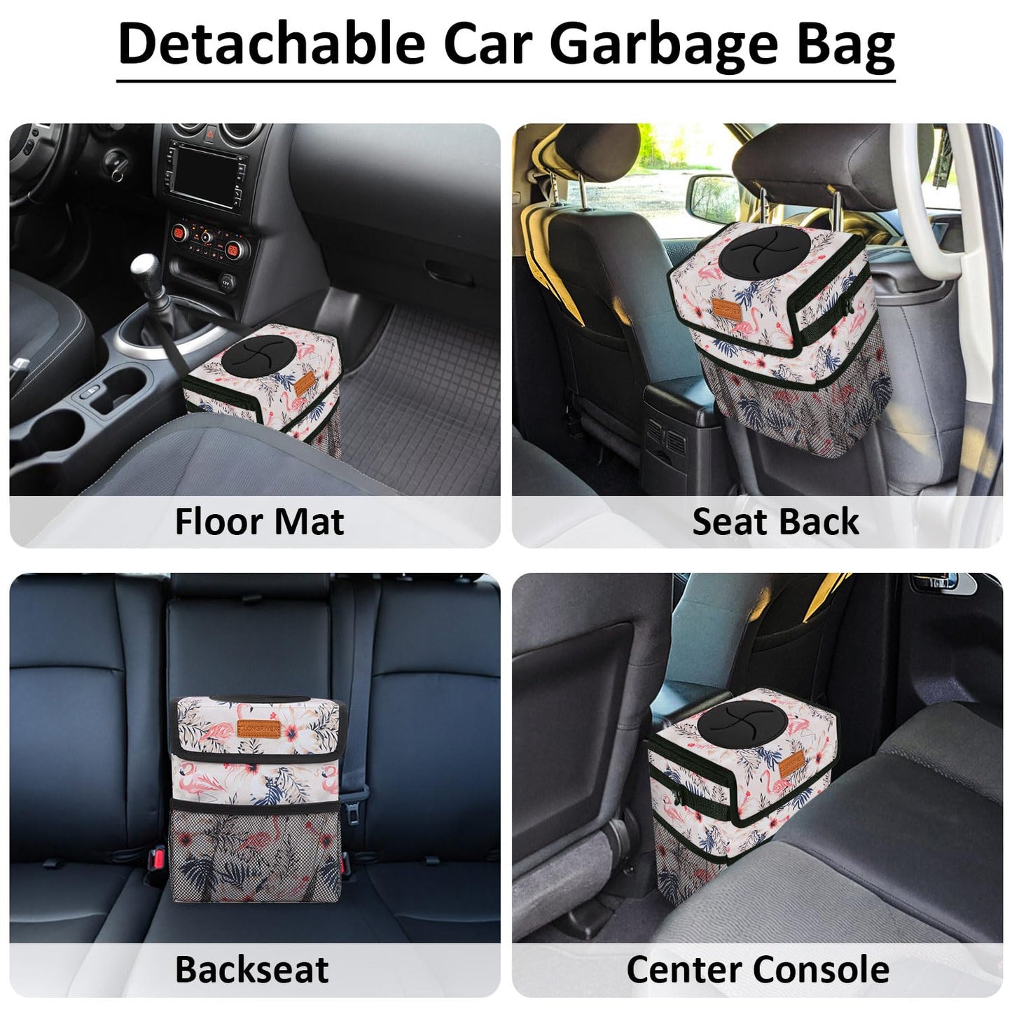 ELONGRIVER Car Trash Can Bin for Car Back Seat Leak Proof, Cute Car Trash Bag Hanging, Vehicle Trash Can for SUV Truck Van, Automotive Car Garbage Cans Front Seat Flamingos