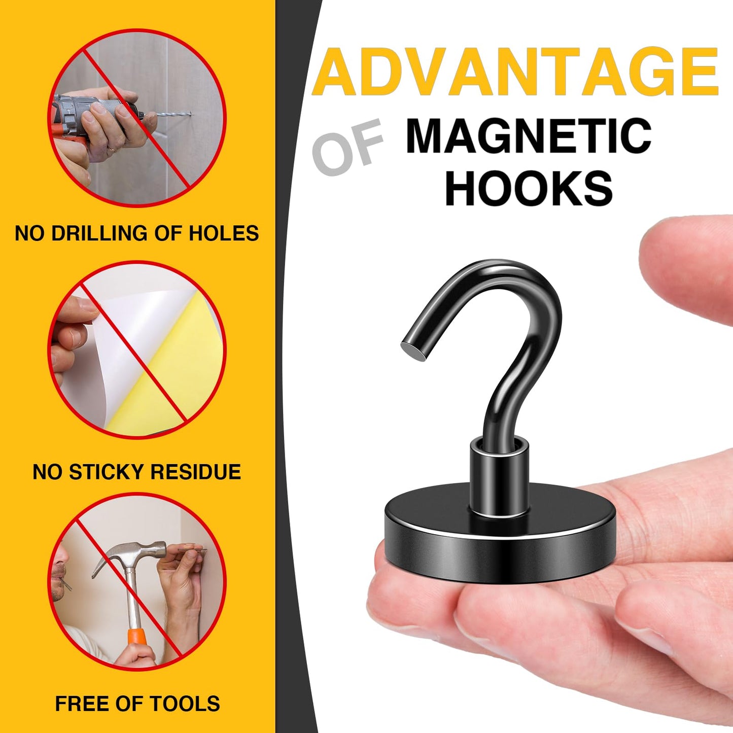 DIYMAG Black Magnetic Hooks, 150 LB Heavy Duty Strong Magnet with Hooks, Strong Rare Earth Neodymium Magnet Hooks for Hanging, Magnetic Hanger for Curtain, Home, Kitchen, Workplace, 6 Packs