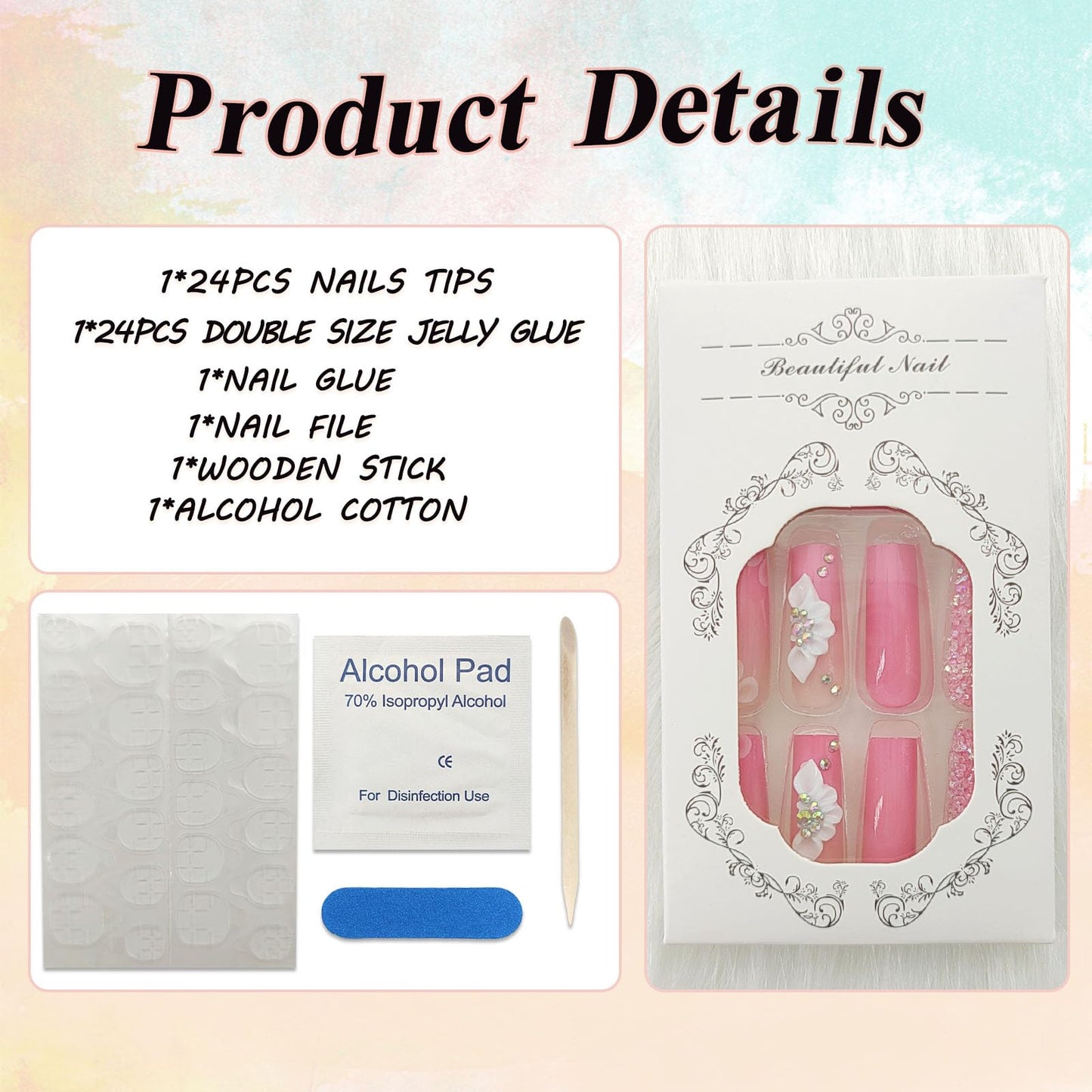 Pink French Tip Press on Nails Long Square Fake Nails White Flowers Glue on Nails Full Cover Acrylic Nails Glossy False Nails Broken Diamond Designs Cute Nails Spring Stick on Nails for Women 24Pcs