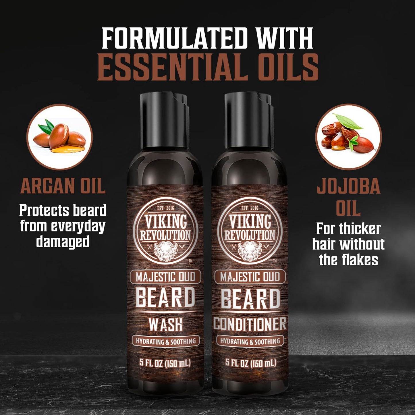 Viking Revolution Beard Wash and Beard Conditioner for Men with Argan Oil and Jojoba Oil - Beard Softener and Strengthener Beard Care Beard Shampoo and Conditioner with Beard Oil (5oz, Majestic Oud)