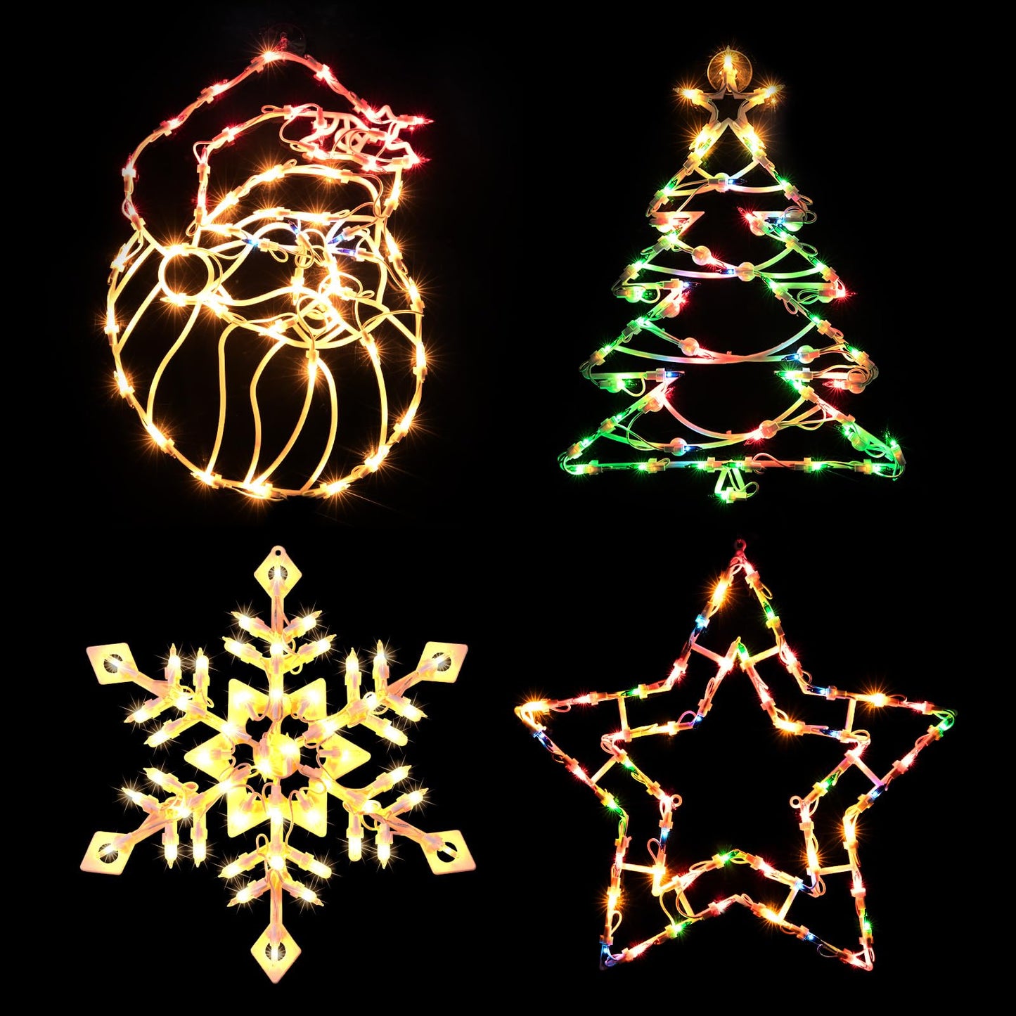 4 Pack Christmas Window Silhouette Lights Decorations, Santa Claus, Xmas Trees, Snowflake, and Star Window Silhouette with 50 Bulbs for Holiday Indoor Wall Door Glass Decorations