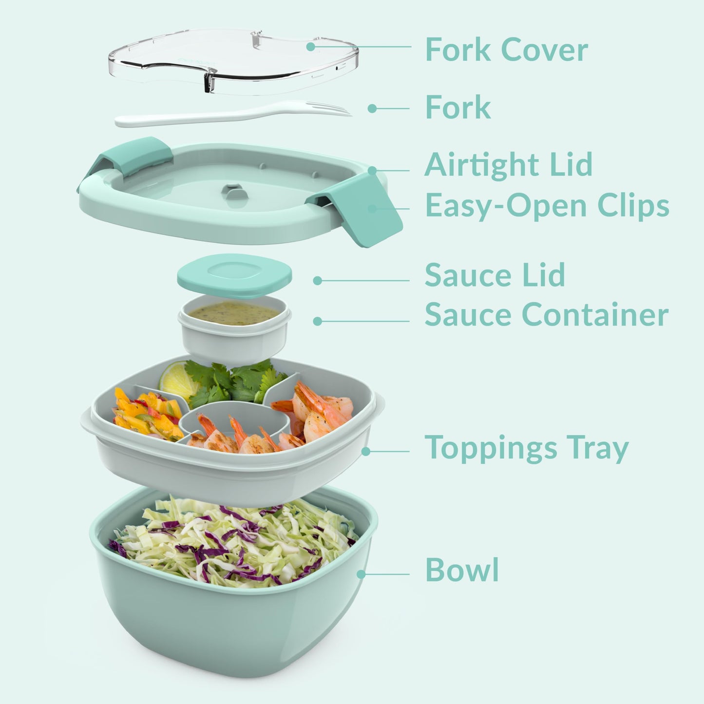 Bentgo All-in-One Salad Container - Large Salad Bowl, Bento Box Tray, Leak-Proof Sauce Container, Airtight Lid, & Fork for Healthy Adult Lunches; BPA-Free & Dishwasher/Microwave Safe (Coastal Aqua)