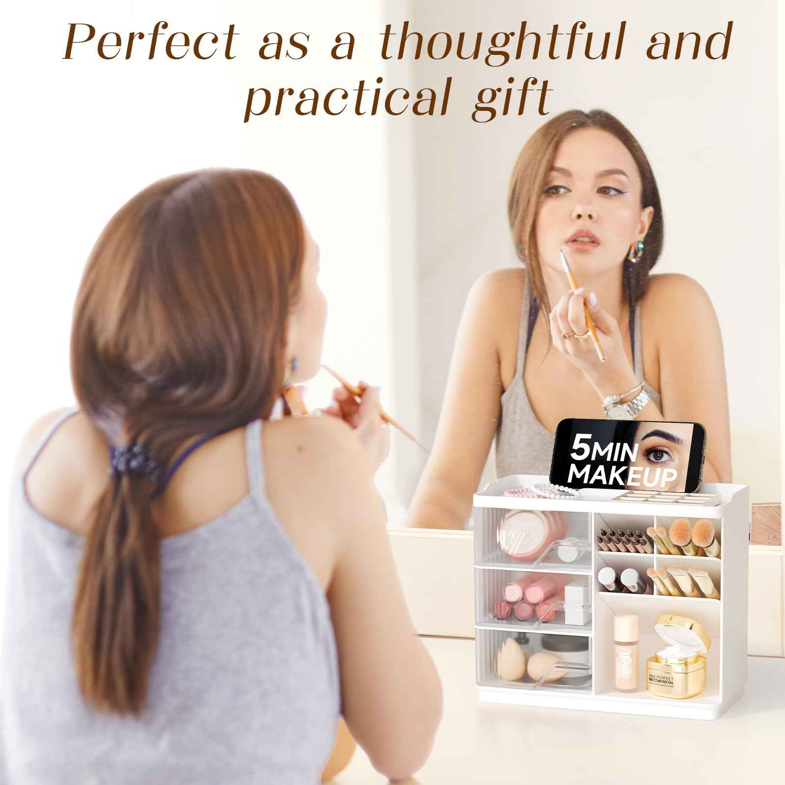 Small Makeup Organizer with Drawers, Stackable Bathroom Couneter Organizer with Phone Holder, Versatile Vanity Organizer Countertop, Cosmetic Organizer for Makeup Brush, Skin Care, Lotion -White,2Pack