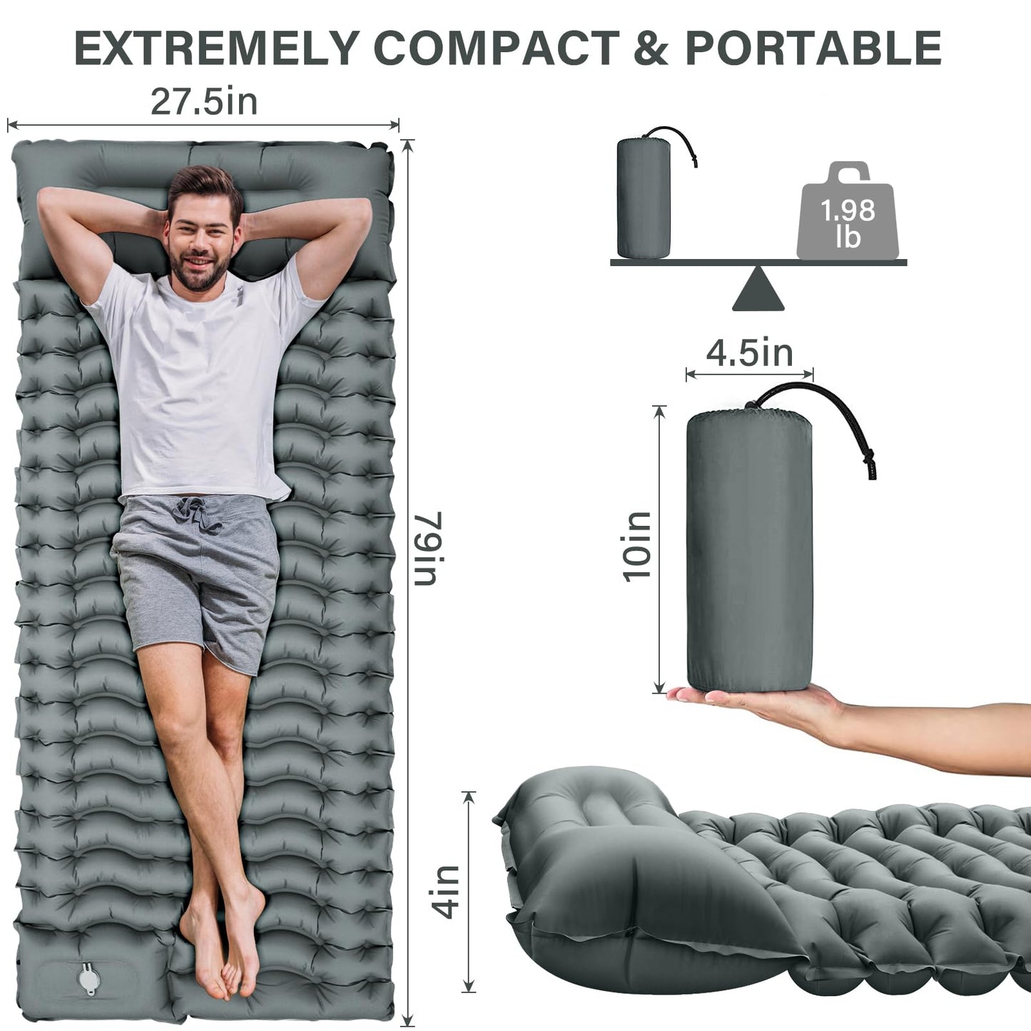 Camping Sleeping Pad, Ultralight Camping Mat with Pillow Built-in Foot Pump Inflatable Sleeping Pads Compact for Camping Backpacking Hiking Traveling - Gray