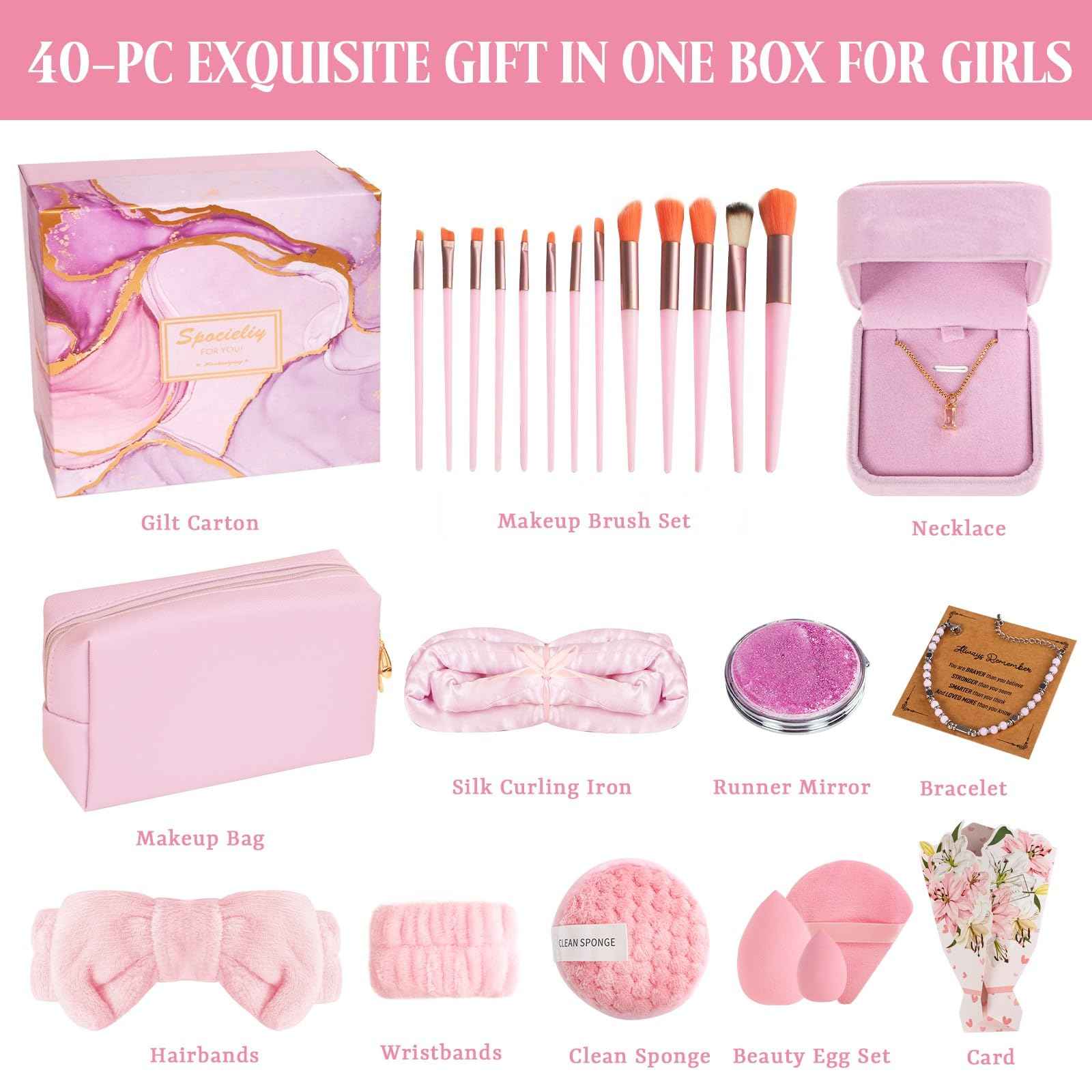 Unique Birthday Gifts for Tween Teen Girls - 40 PCS Trendy Stuff Gifts Set for Teen Girls, Makeup Brushes Makeup Bag Birthday Gift Ideas Gift Set for Her Mom Sister Wife Best Friend(Pink)