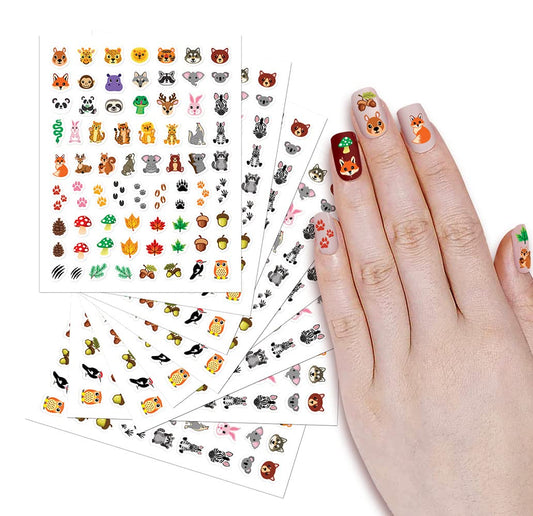 WIRESTER 8 Sheets of Nail Art Stickers Decals, Self-Adhesive Nail Decals for Women Kids Girls Nails Decorations - Forest (Cute Animal, Giraffe, Lion, Tiger, Wolf, Fox, Monkey, Hippo, Panda, Zebra)