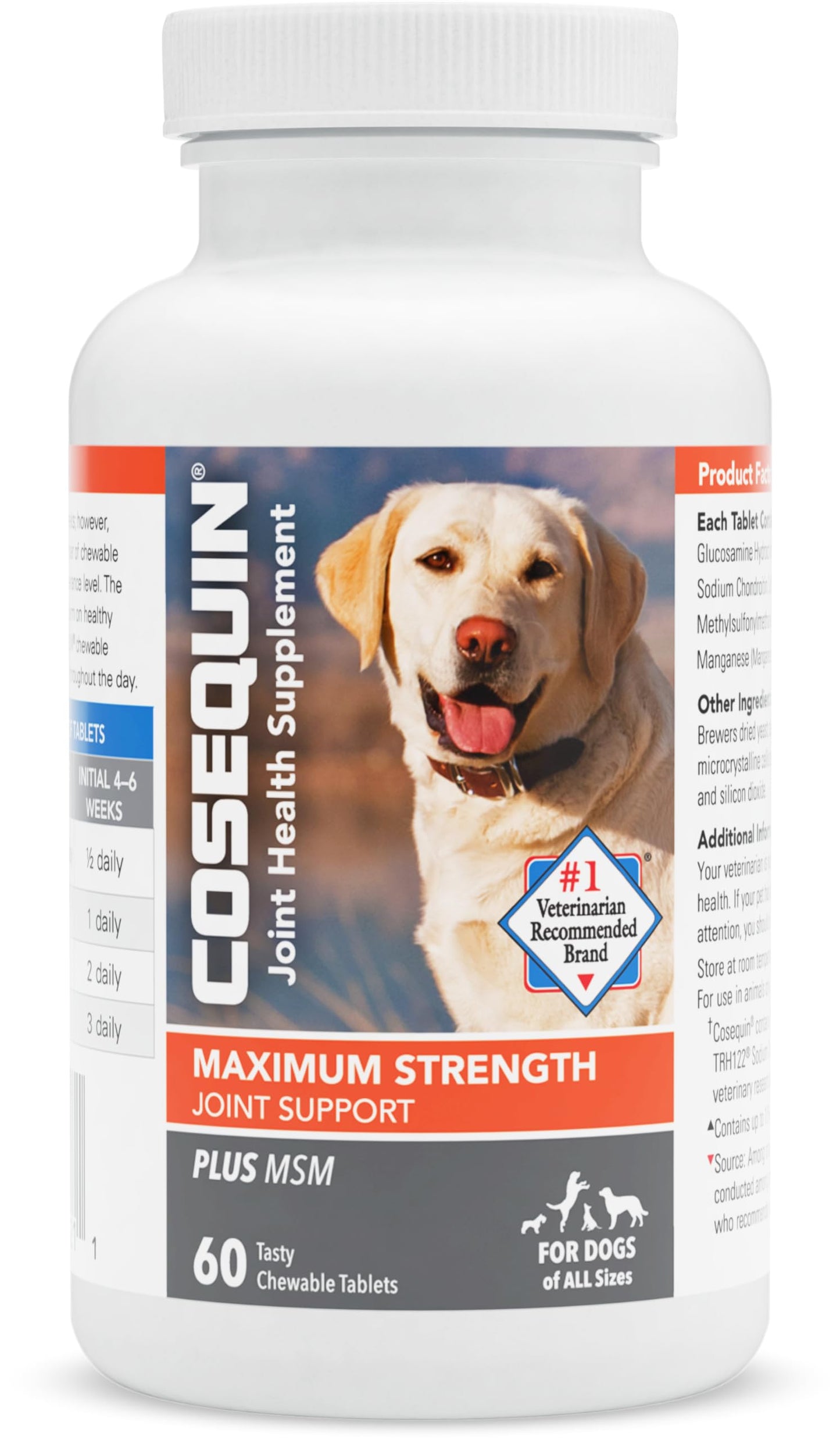 Nutramax Laboratories Cosequin Maximum Strength Joint Health Supplement for Dogs - With Glucosamine, Chondroitin, and MSM, 60 Chewable Tablets