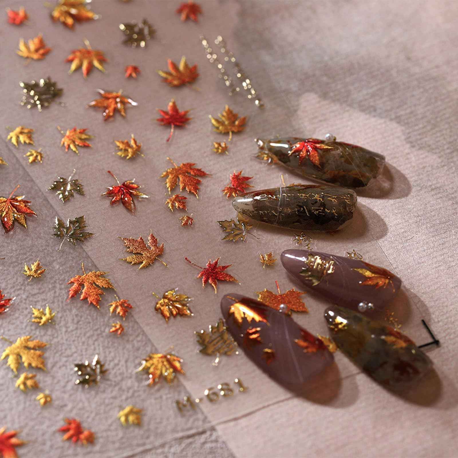 JMEOWIO 3D Embossed Fall Autumn Nail Art Stickers Decals Self-Adhesive 5D Maple Leaf Thanksgiving Nail Supplies Nail Art Design Decoration Accessories 1 Sheets