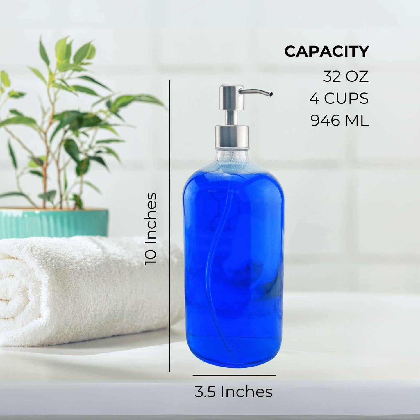 Cornucopia Brands 32oz Glass Pump Bottles w/Stainless Steel Pump (2-Pack, Clear); Economy Size Soap Dispenser for Massage Oils, Lotions, Liquid Soaps