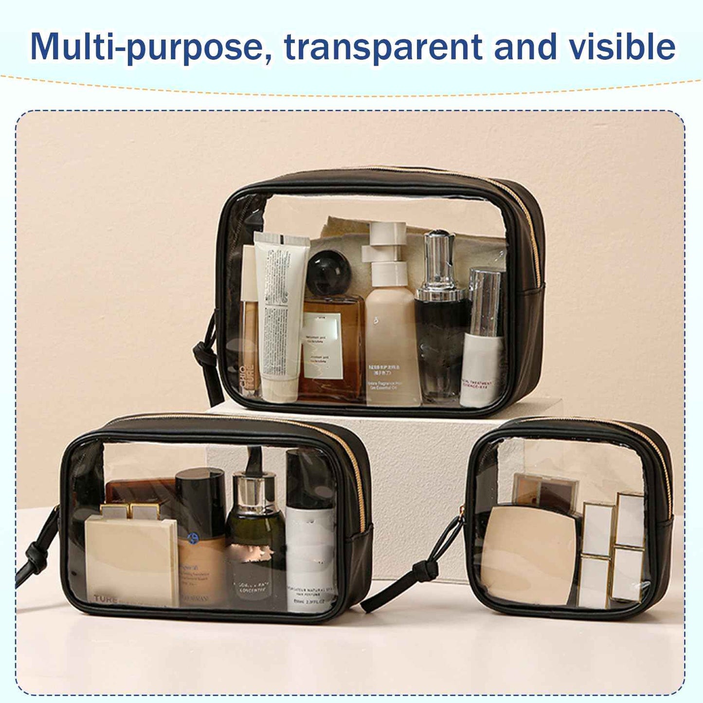 lllyan 3-Piece Travel Makeup Bag Clear Waterproof Toiletry Bag Set Large, Medium Small Sizes Travel Toiletry Organizer Pouch Cosmetic Storage for Bathroom (Black)