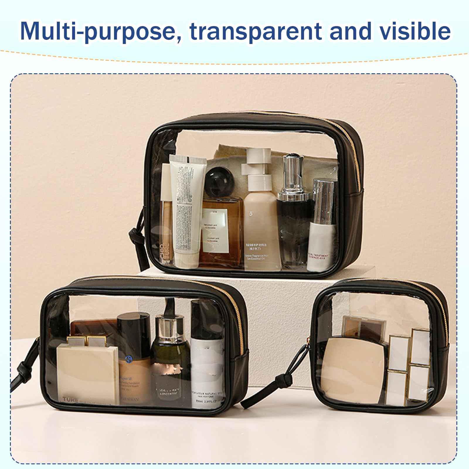 lllyan 3-Piece Travel Makeup Bag Clear Waterproof Toiletry Bag Set Large, Medium Small Sizes Travel Toiletry Organizer Pouch Cosmetic Storage for Bathroom (Black)