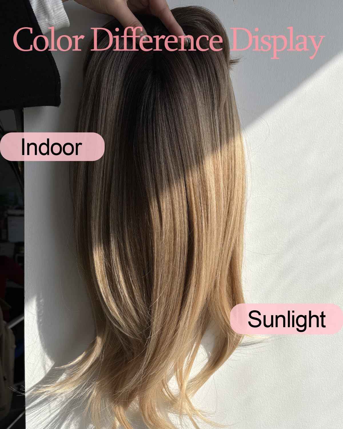 Megito 18inch Hair Topper with Bangs Synthetic 6.5"X6.5" Big Base Cover Clip in Hairpieces for Women with Thinning Hair Add Volume Daily Use(Brown Blonde with Dark Root)