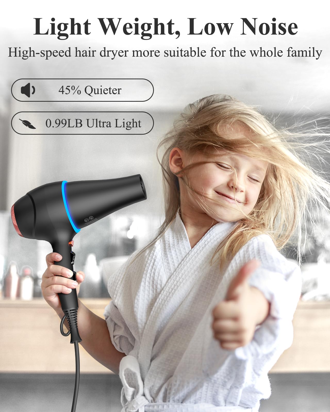 Hair Dryer with Diffuser, Professional Ionic Hair Dryer with Blue Light AC Motor, 2000W Fast Drying Hair Blow Dryer Low Noise Care Hairdryer for Women (Black with 2*Nozzle+Diffuser)