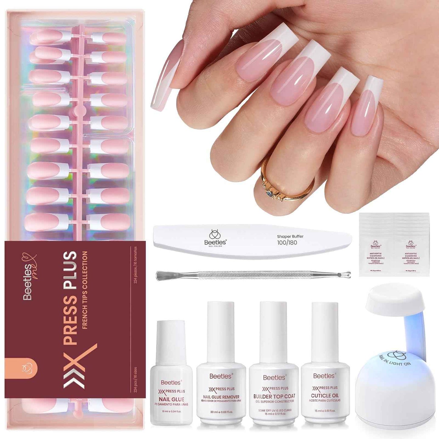 Beetles X Press Plus On Nails Kit - Rose French | Pink Long Square French Tip Press On Nails | 224Pcs 16 Sizes All-in-One Kit With Nail Glue，Remover，Builder Top Coat，Nail Lamp