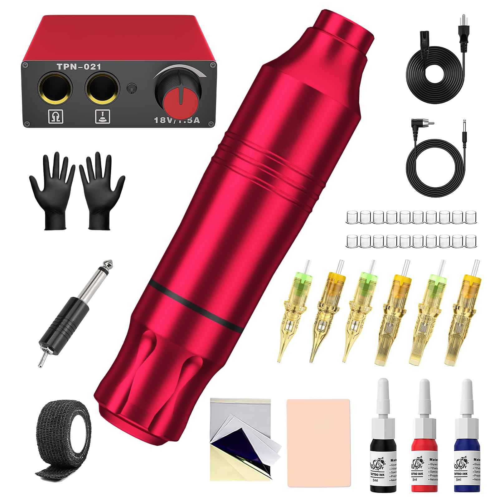 Tattoo Gun Kit for Beginners, Rotary Pen with Power Supply, Professional Ink Kit, Switch & Pigment, Light Tattoo Gun 6pcs Cartridge Needles, Complete Starter Set (Red)