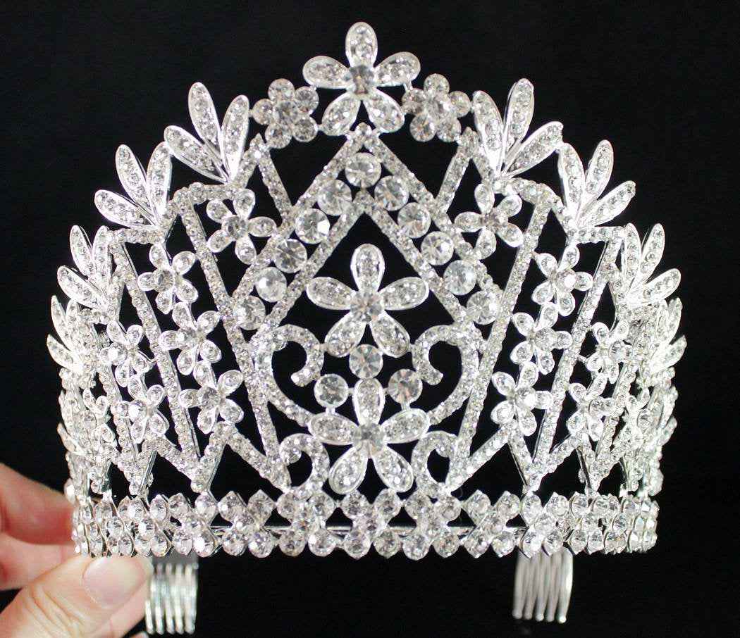 Janefashions Daisy Clear Austrian Crystal Rhinestone Tiara Crown With Hair Combs Wedding Bridal Prom Birthday Party Beauty Contest Pageant T1861 (Silver Plated With Combs)