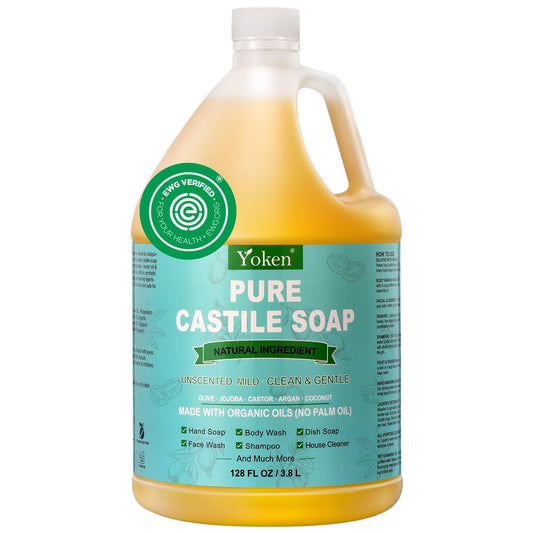 Yoken Castile Soap Liquid EWG Verified(1 Gallon, Unscented) Pure-Castile Liquid Soap for Body, Face, Hand, Pets, Laundry, Dish Soap and More - Made With Organic Oil, Vegan, Clean & Gentle, Versatile