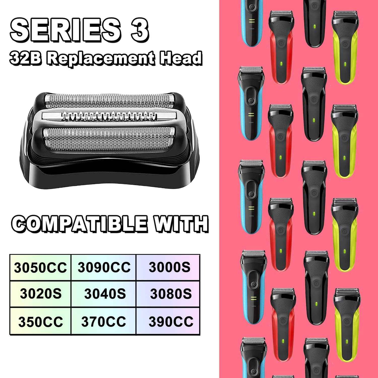 Series 3 32B Electric Replacement Shaver Head Accessories blade Compatible with Braun Series 3 Foil Shaver Replacement Heads S3 3040s 3080s-4 370cc 3070cc 3000s 3010, 3090cc Etc (2PACKS)