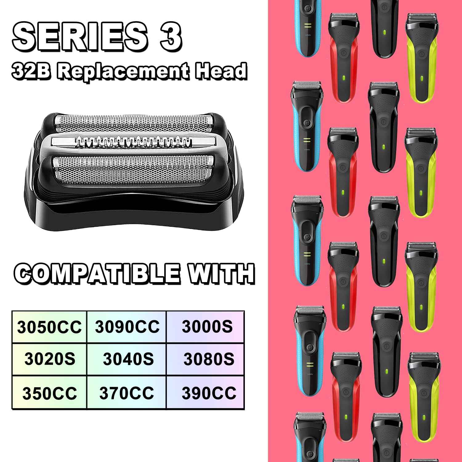 Series 3 32B Electric Replacement Shaver Head Accessories blade Compatible with Braun Series 3 Foil Shaver Replacement Heads S3 3040s 3080s-4 370cc 3070cc 3000s 3010, 3090cc Etc (2PACKS)