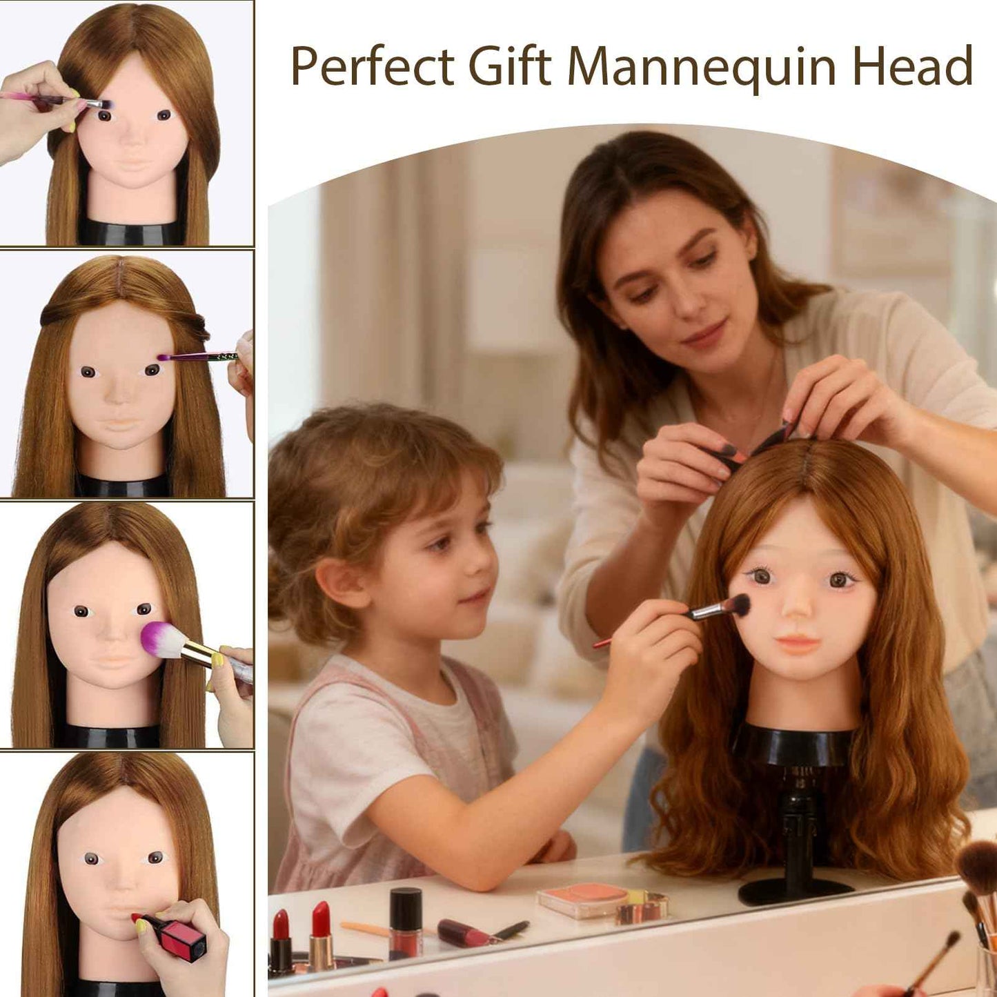 Mannequin Head with 80% Human Hair, TopDirect 24" Brown Real Hair Cosmetology Mannequin Head Hair Styling Hairdressing Practice Training Doll Heads with Clamp Holder and Tools