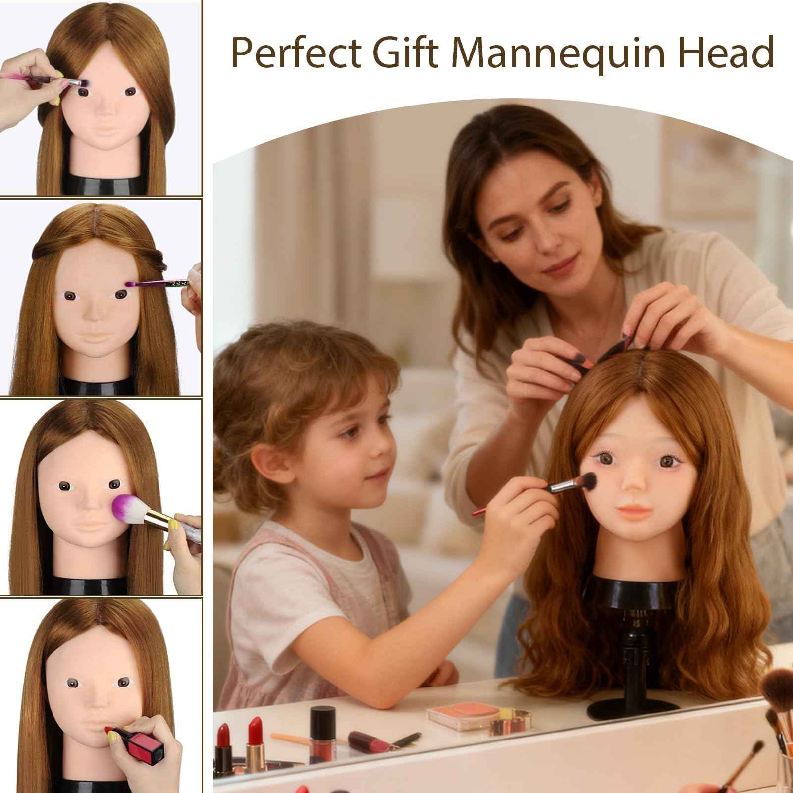 Mannequin Head with 80% Human Hair, TopDirect 24" Brown Real Hair Cosmetology Mannequin Head Hair Styling Hairdressing Practice Training Doll Heads with Clamp Holder and Tools
