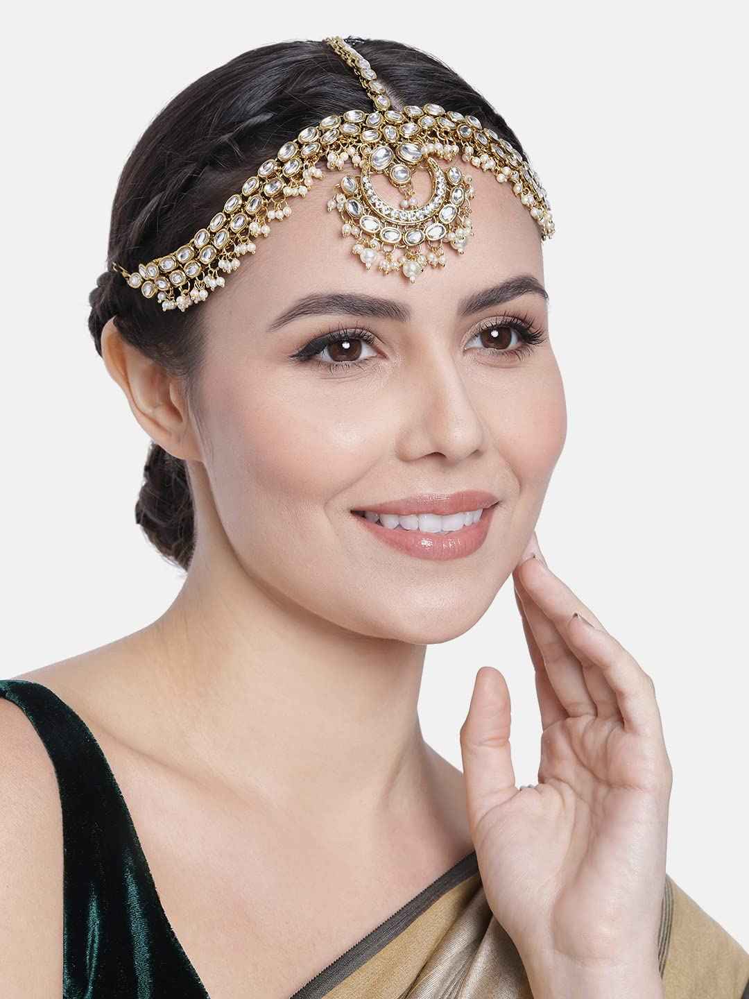 Aheli Traditional Gold Plated Red Kundan Pearl Maang Tikka Matha Patti Gift for Women