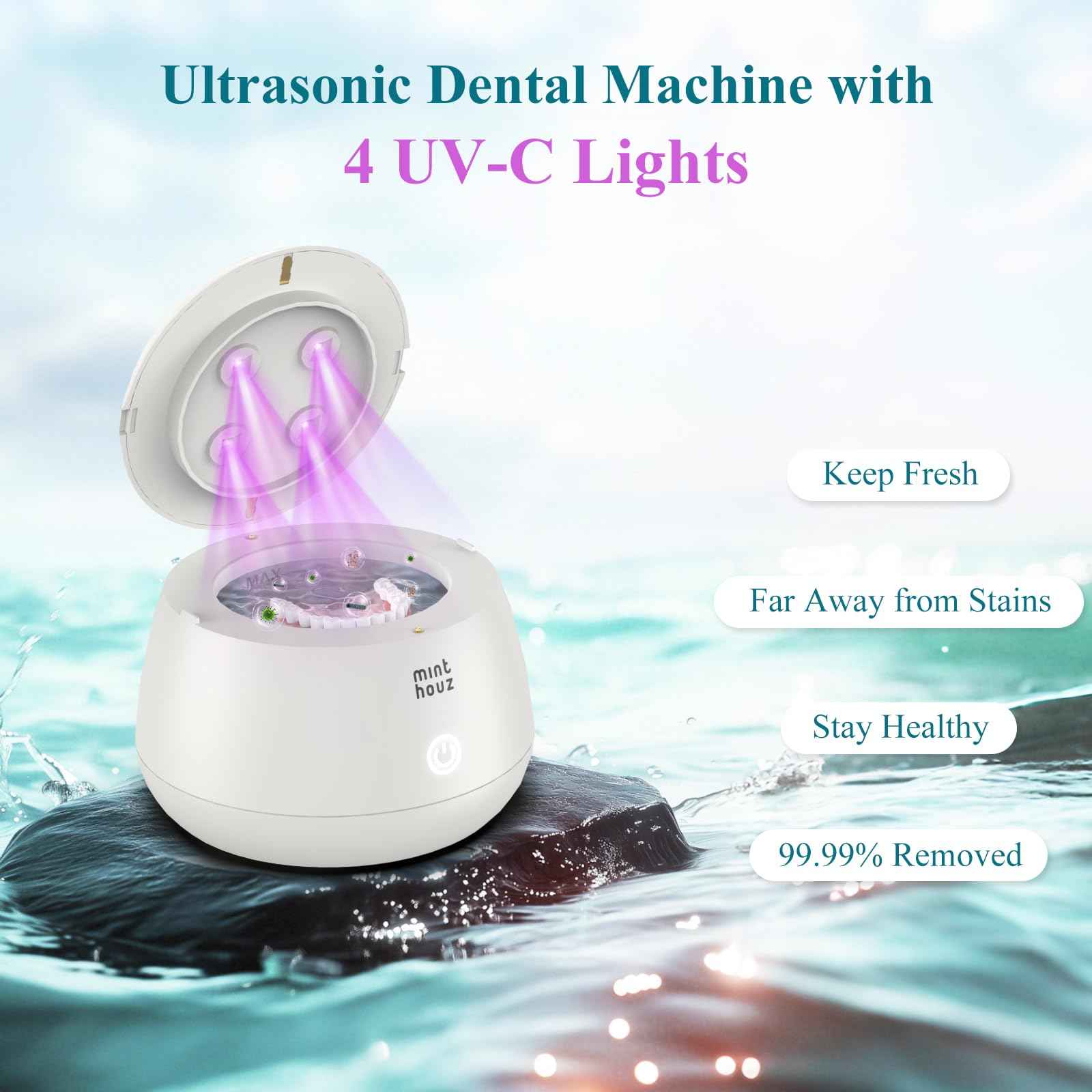 Minthouz Ultrasonic Retainer Cleaner Machine, Dental Pod for Denture, Mouth Guard, Aligner, Night Guard, Toothbrush Heads, Jewelry, 48kHz Retainer Cleaner with 200ML Capacity for All Dental Appliances